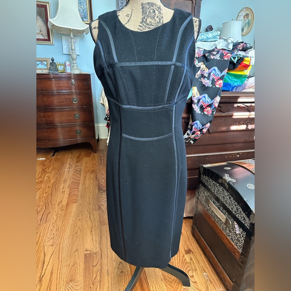 Ellen Tracy black wool dress with satin ribbon accents. Lined size 8, back zip